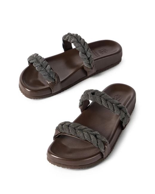 Brunello Cucinelli White Leather Sandals With Precious Braided Straps