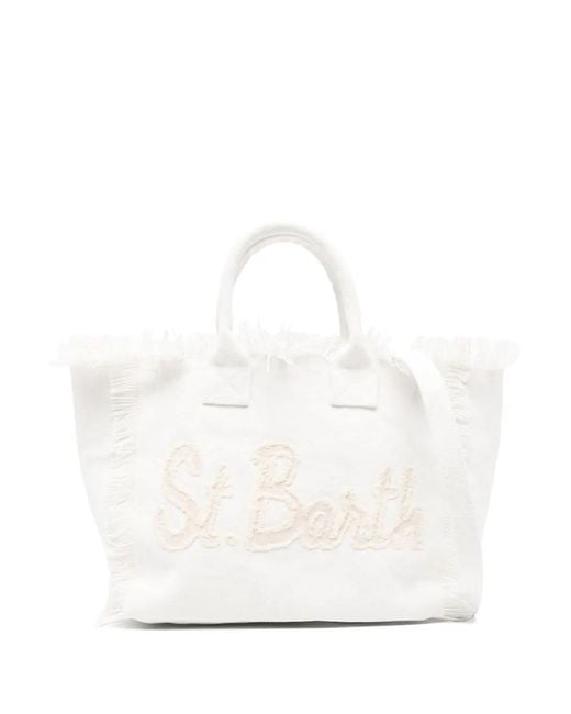 Mc2 Saint Barth White Embroidered-Logo Beach Bag
