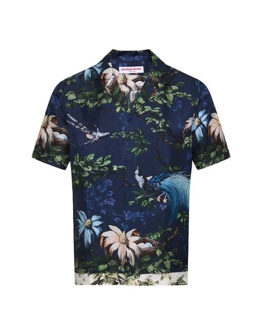 Orlebar Brown Blue Maitan Floral-Print Short-Sleeved Silk Shirt for men