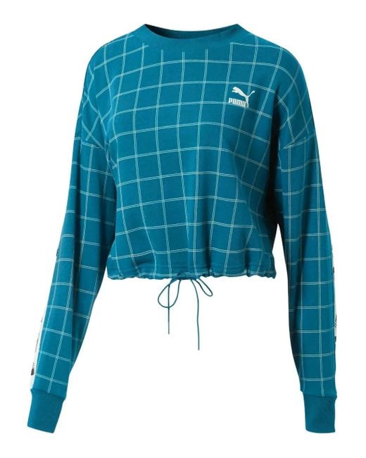 PUMA Blue Grid-Pattern Drawstring-Hem Sweatshirt