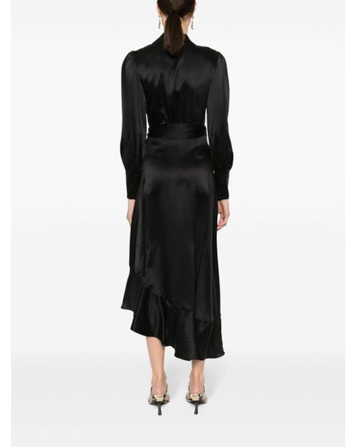 Zimmermann Black Long-Sleeve Wrap Silk Minidress