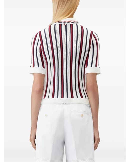 Thom Browne White Striped Crochet-Knit Polo Shirt