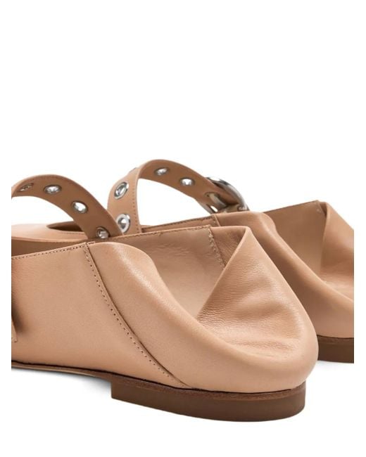 Stuart Weitzman Natural Buckle-Strap Eyelet Ballet Flats