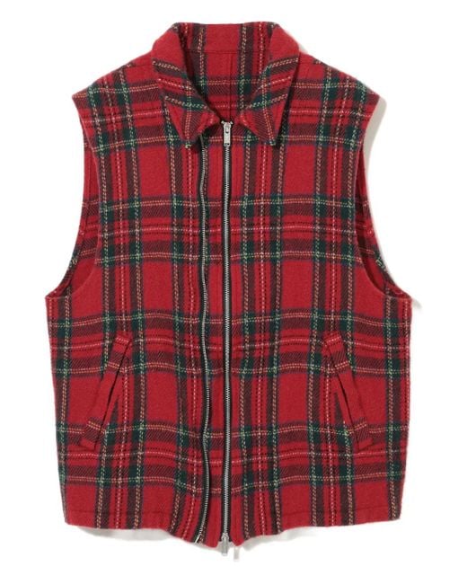 Undercover Red Check Plaid Zip-Front Gilet for men