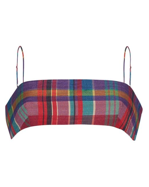 Adam Lippes Red Check Tussah-silk Bandeau Top