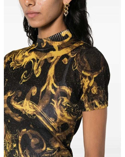 Versace Jeans Couture Black Barocco-Print Glitter Knitted Top
