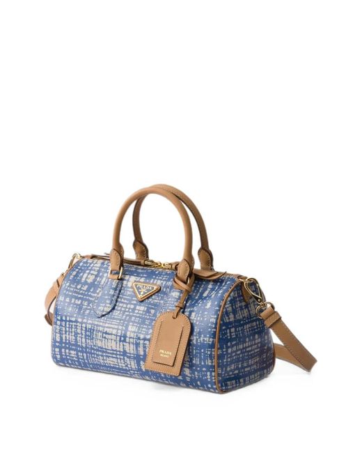 Prada Blue Small Linen Blend And Leather Top-Handle Bag
