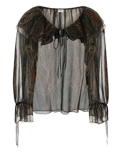 Saint Laurent Black Ruffled Printed Silk Blouse