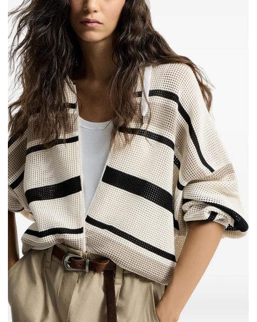 Brunello Cucinelli White Striped Cotton Net Hooded Cardigan With Zipper