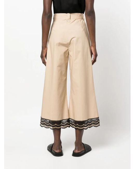 Twinset Natural Lace-Trim Wide-Leg Trousers