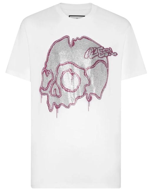 Philipp Plein White Dripping Skull Cotton T-Shirt for men