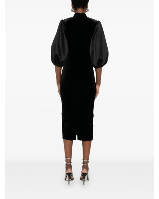 Nissa Black Velvet Puff-Sleeve Midi Dress