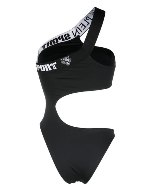 Philipp Plein Black Logo-Tape One-Shoulder Swimsuit