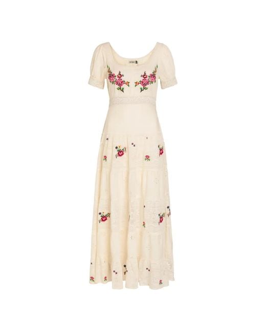 Rixo Natural Cady Embroidered Lace-Trim Midi Dress