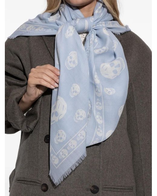 McQueen Blue Skull Fringed Scarf