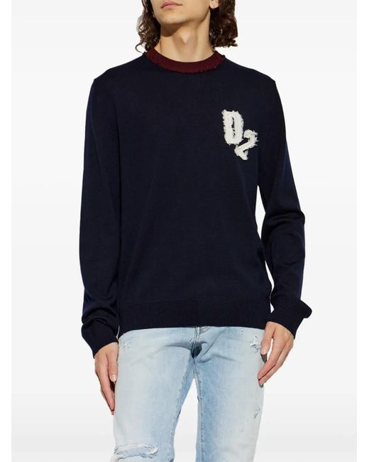 DSquared² Blue D2 College Logo-Patch Wool Sweater for men