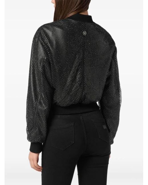 Philipp Plein Black Leather Crop Bomber Crystal