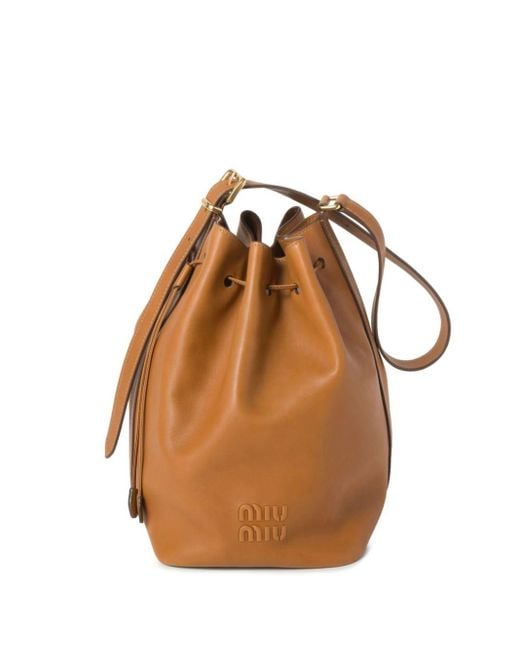 Miu Miu Brown Logo-Embossed Leather Bucket Bag