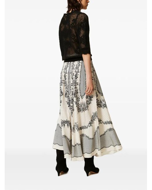 Twinset White Jacquard Satin Long Skirt With Floral And Polka Dot Pattern