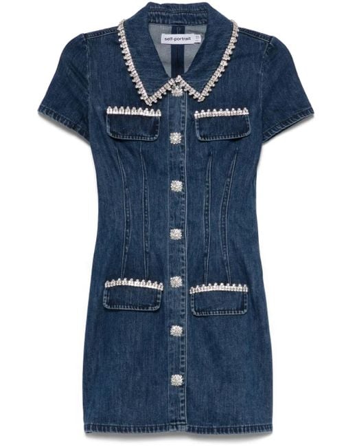 Self-Portrait Denim Mini-Jurk Met Kraag in het Blue