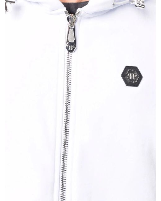 Philipp Plein Blue Embellished Skull Logo-Print Zip Hoodie for men