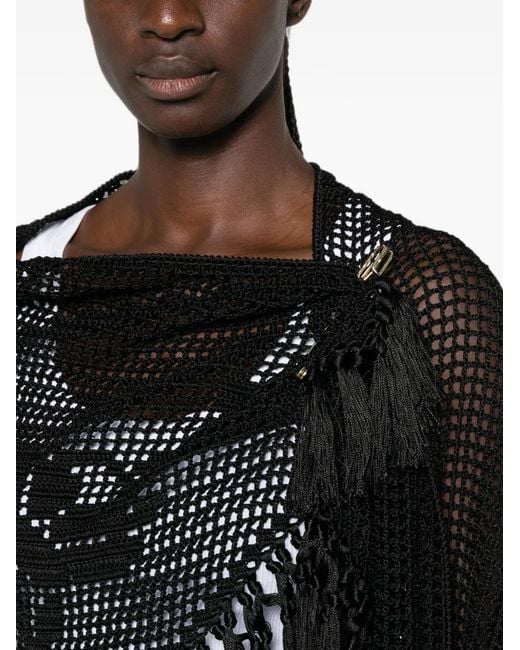 Chiara Is Black Scialle Rosa Crochet Fringe-Trimmed Poncho