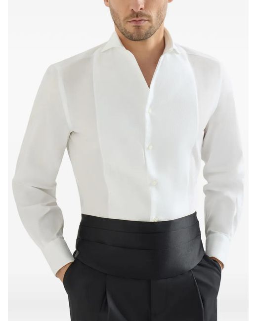 Brunello Cucinelli White Sea Island Cotton Twill Basic Fit Shirt With Point Collar And Pleated Bib And Cuffs for men