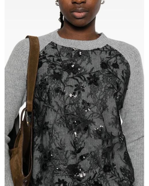 ERMANNO FIRENZE Gray Sequin-Embellished Lace-Panel Sweater