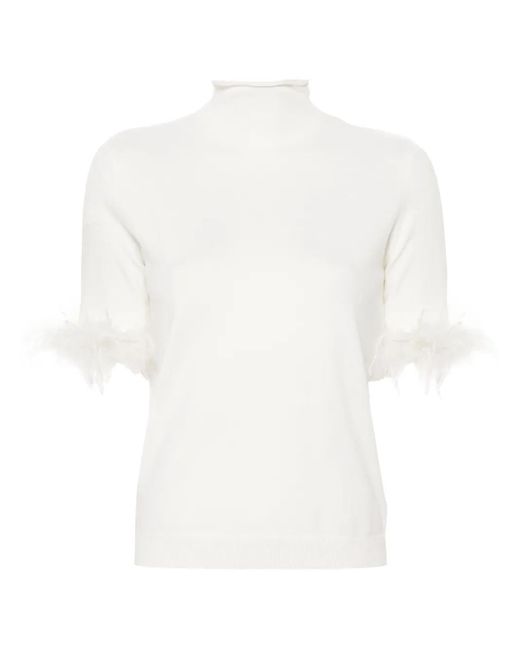 Twinset White Feather-Cuffs Short-Sleeve Jumper