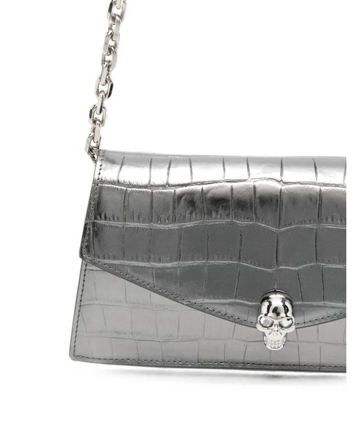 McQueen White Mini Skull Croc-Effect Shoulder Bag
