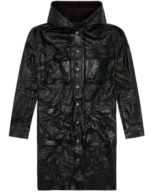 DIESEL Black L-bat Hooded Leather Coat for men