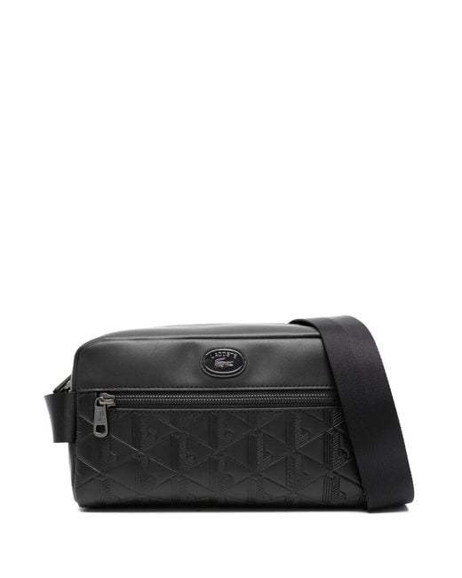Lacoste Black Monogram-Debossed Leather Crossbody Bag for men