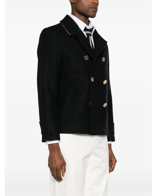 Thom Browne Black Double-Breasted Wool Peacoat for men