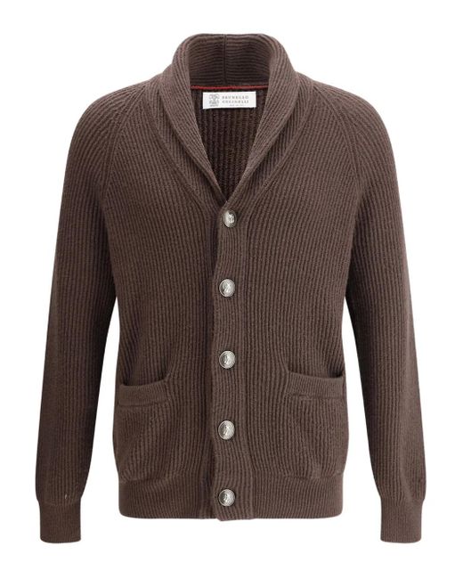 Brunello Cucinelli Shawl Collar Ribbed Knit Sweater in Brown für Herren