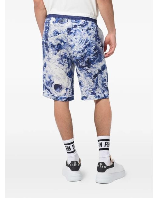 Philipp Plein Blue Printed Bowling Shorts for men