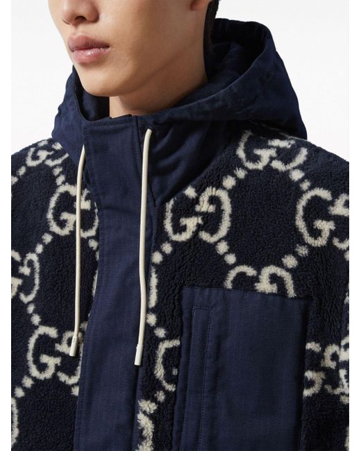 Gucci GG Jacquard Fleece Hooded Jacket in Blue for Men