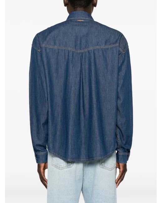 Versace Blue Logo-Embroidered Shirt for men