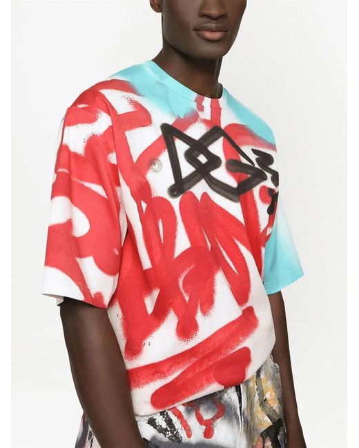 Dolce & Gabbana Red Graffiti-Print Cotton T-Shirt for men