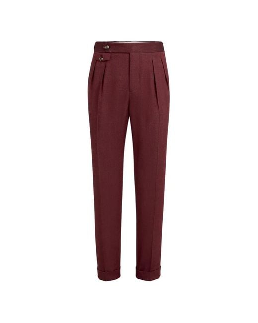 Brunello Cucinelli Red Linen And Virgin Wool Chevron Trousers With Double Pleats And Waist Tabs for men
