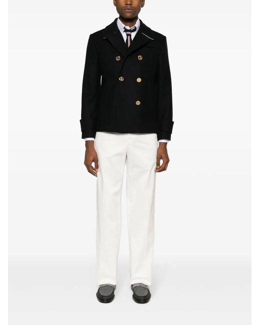 Thom Browne Black Double-Breasted Wool Peacoat for men