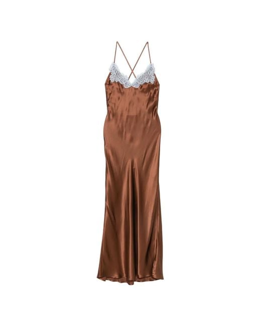 Mc2 Saint Barth Brown Lace-Trimmed Silk Maxi Dress