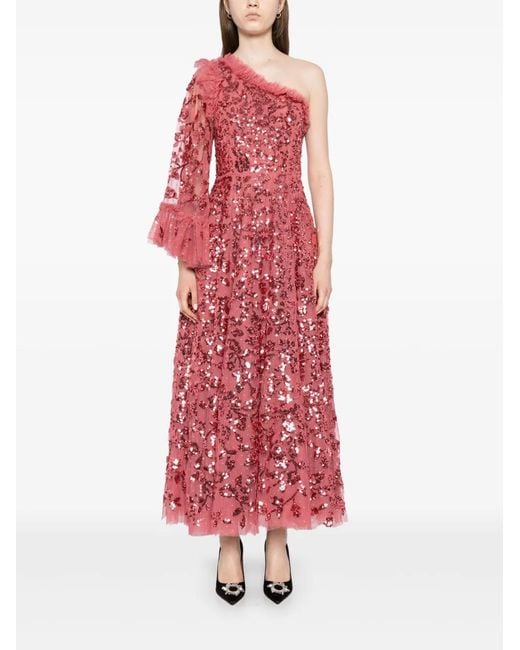 Needle & Thread Red Falling Leaves One-Shoulder Ankle Gown