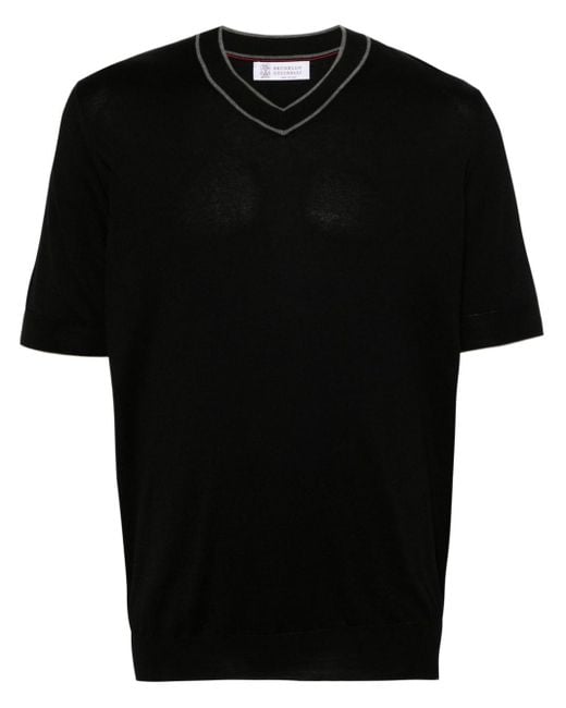Brunello Cucinelli Black V-neck Knitted T-shirt for men