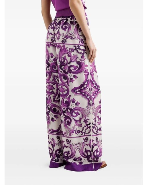 Dolce & Gabbana Maiolica Printed Silk Wide Pants Purple