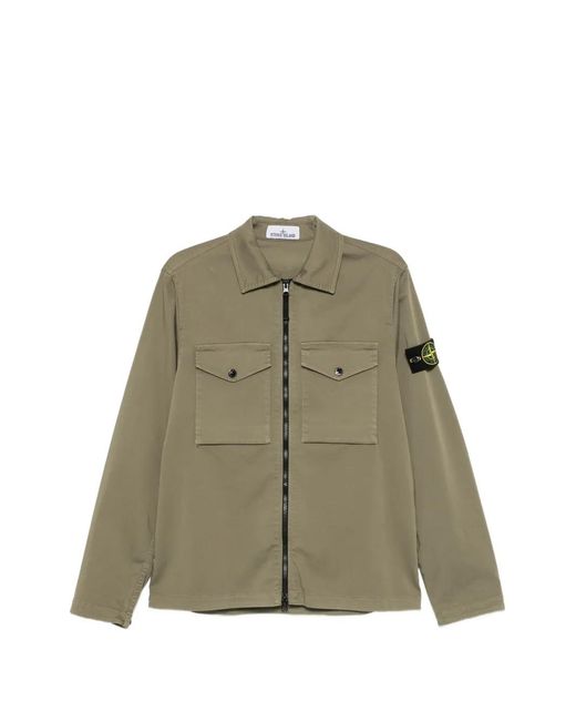Stone Island Green Logo-Patch Zip-Up Cotton Shirt for men