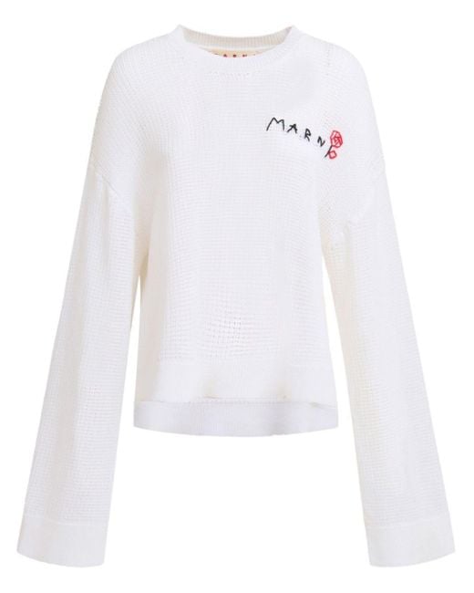 Marni White Logo-embroidered Open-knit Jumper