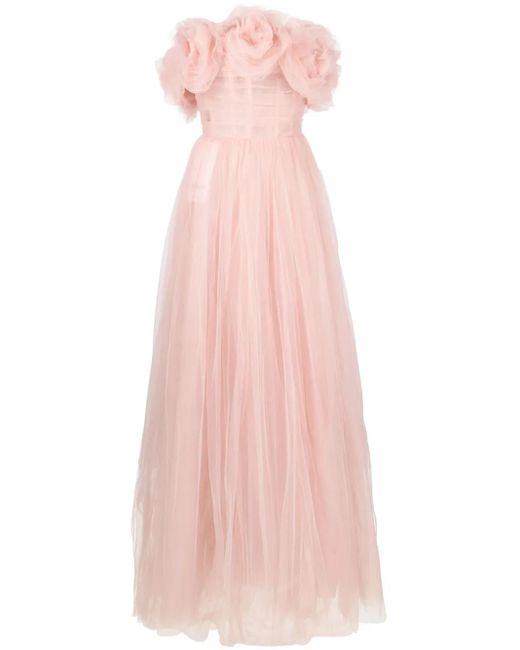 Ana Radu Pink Rose-Appliqué Tulle Gown Dress