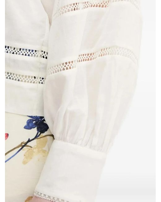Munthe White Lace-Insert Puff-Sleeve Top