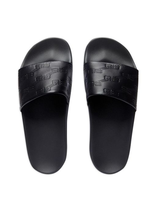 Balenciaga Black Bb-monogram Leather Pool Slides for men
