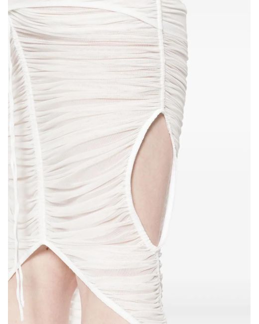 Mugler White Mesh Ruched Midi Skirt